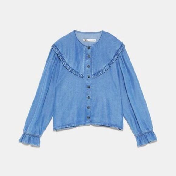 ZARA DENIM CHAMBRAY COLLARED BLOUSE TOP - Picture 1 of 10